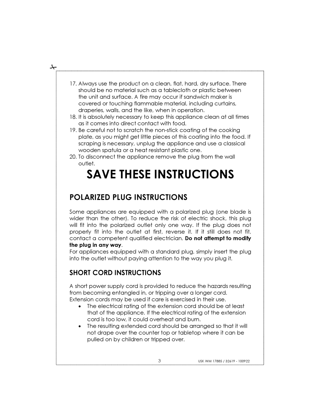Kalorik usk wm 17885, usk wm 32619 manual Save These Instructions, Polarized Plug Instructions, Short Cord Instructions 