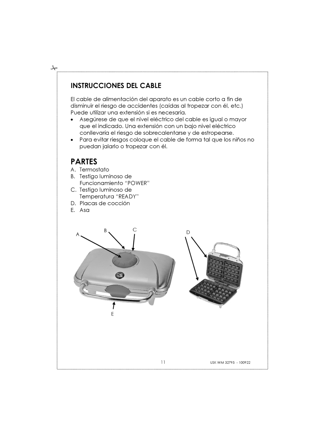 Kalorik USK WM 32795 manual Partes, Instrucciones DEL Cable 