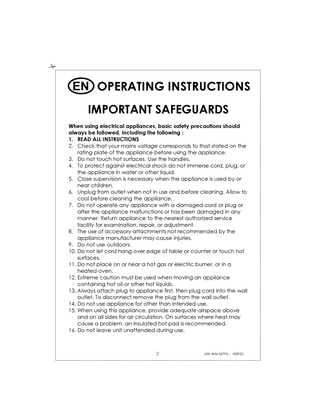 Kalorik USK WM 32795 manual Important Safeguards, Read ALL Instructions 