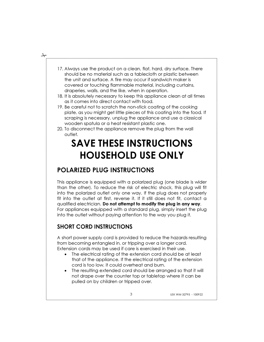 Kalorik USK WM 32795 manual Household USE only, Polarized Plug Instructions, Short Cord Instructions 