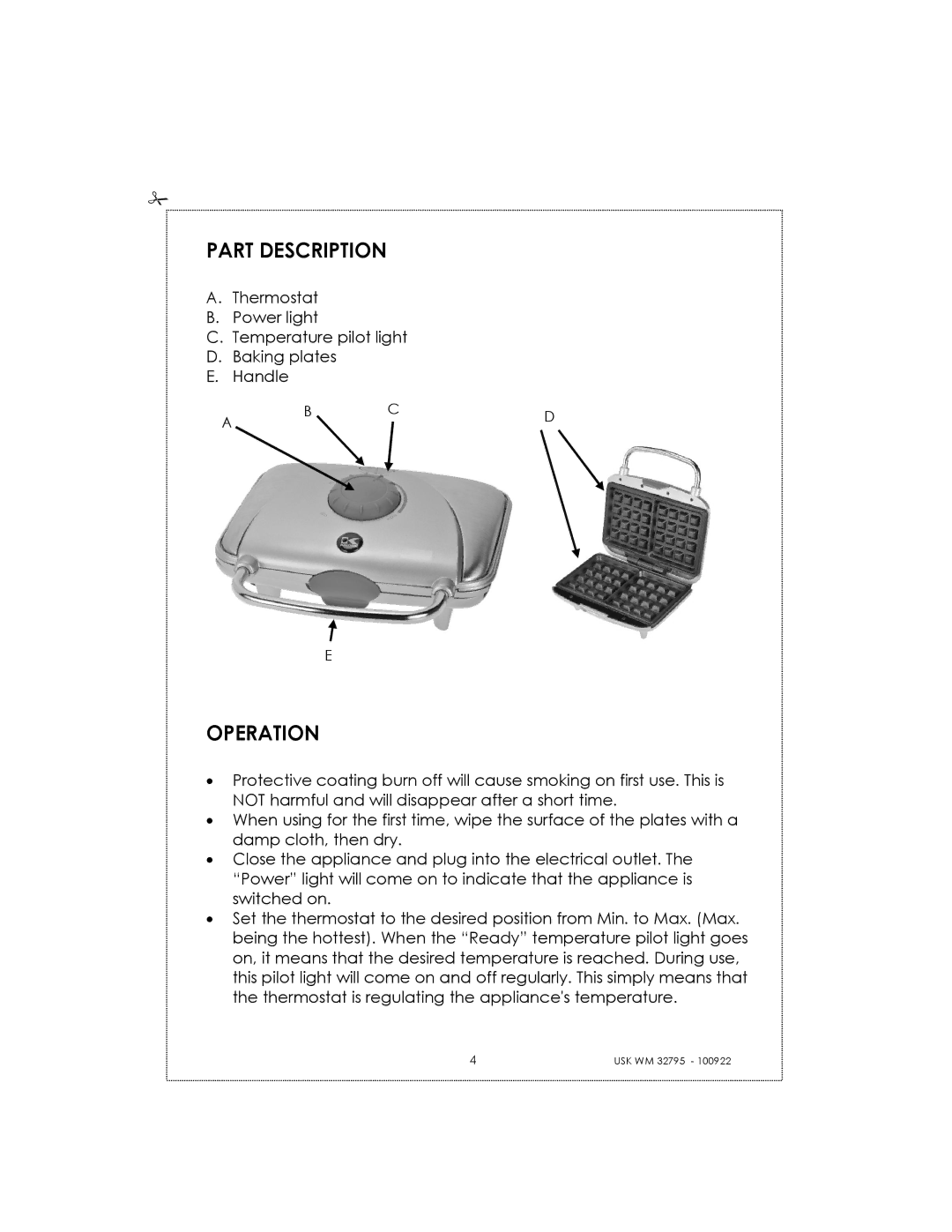 Kalorik USK WM 32795 manual Part Description, Operation 