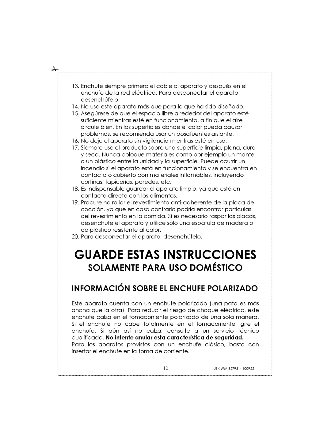 Kalorik USK WM 32795 Guarde Estas Instrucciones, Información Sobre El Enchufe Polarizado, Solamente Para Uso Doméstico 