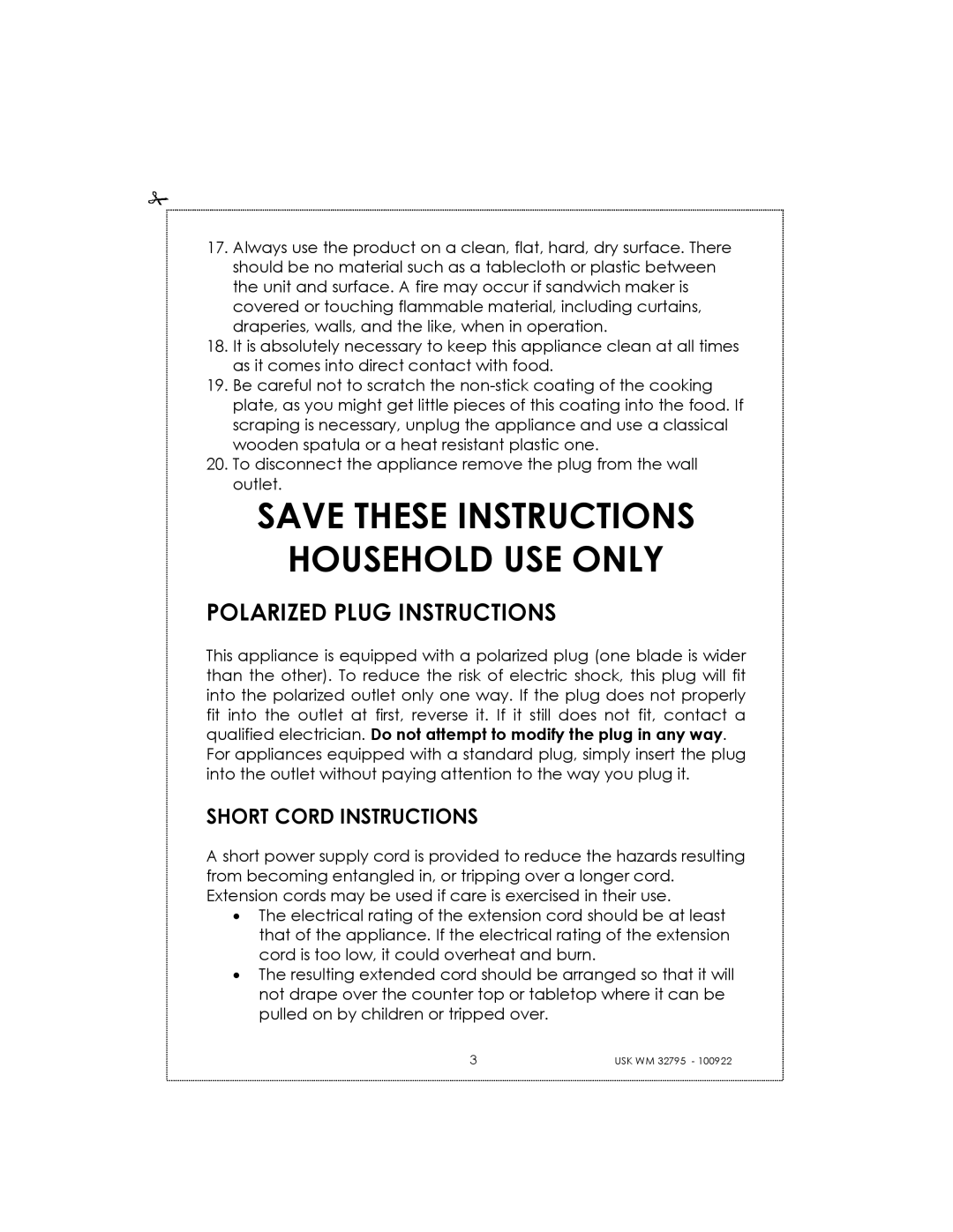 Kalorik USK WM 32795 Save These Instructions Household Use Only, Polarized Plug Instructions, Short Cord Instructions 