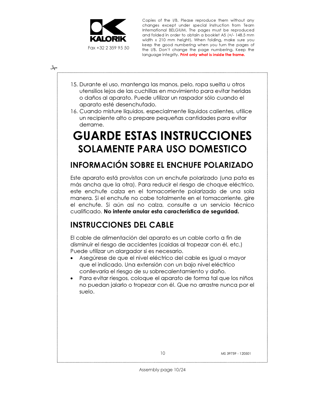 Kalorik uskms39759 manual Guarde Estas Instrucciones, Información Sobre EL Enchufe Polarizado, Instrucciones DEL Cable 