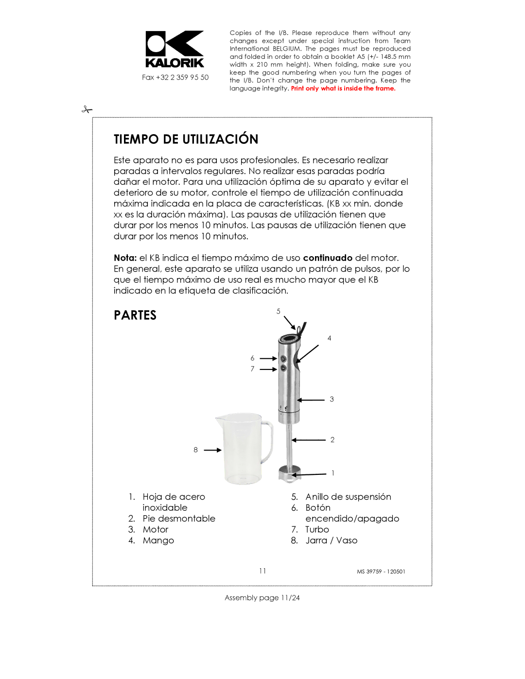 Kalorik uskms39759 manual Tiempo DE Utilización, Partes, Assembly page 11/24 