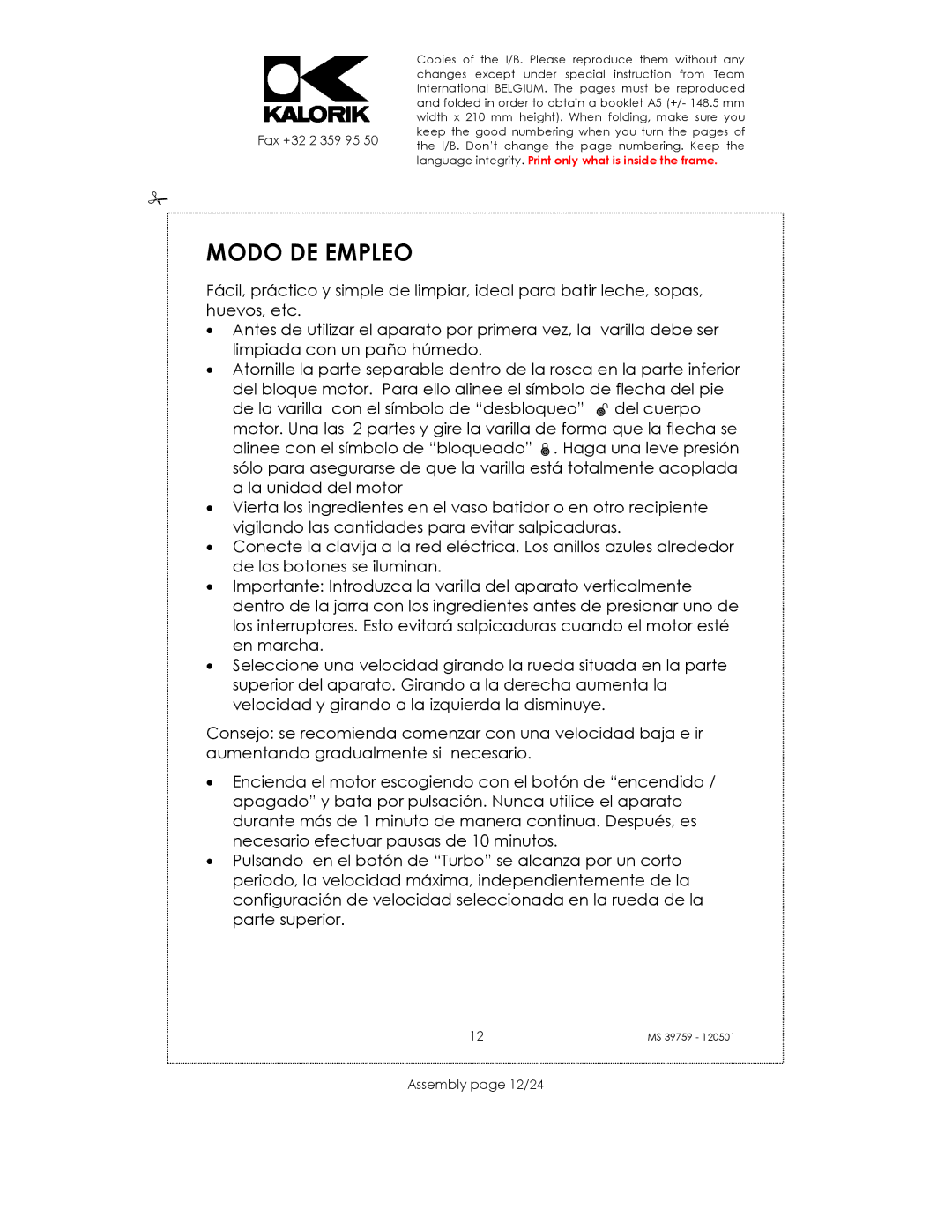 Kalorik uskms39759 manual Modo DE Empleo, Assembly page 12/24 