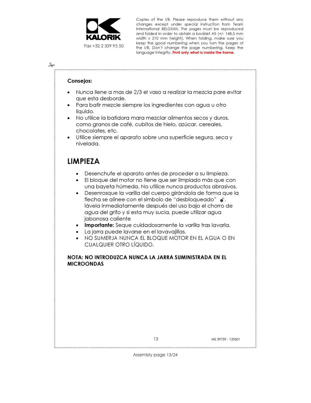 Kalorik uskms39759 manual Limpieza, Consejos, Assembly page 13/24 