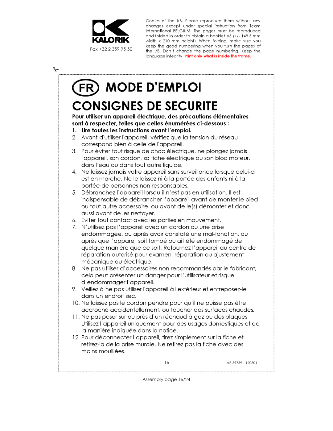 Kalorik uskms39759 manual Consignes DE Securite, Lire toutes les instructions avant l’emploi, Assembly page 16/24 