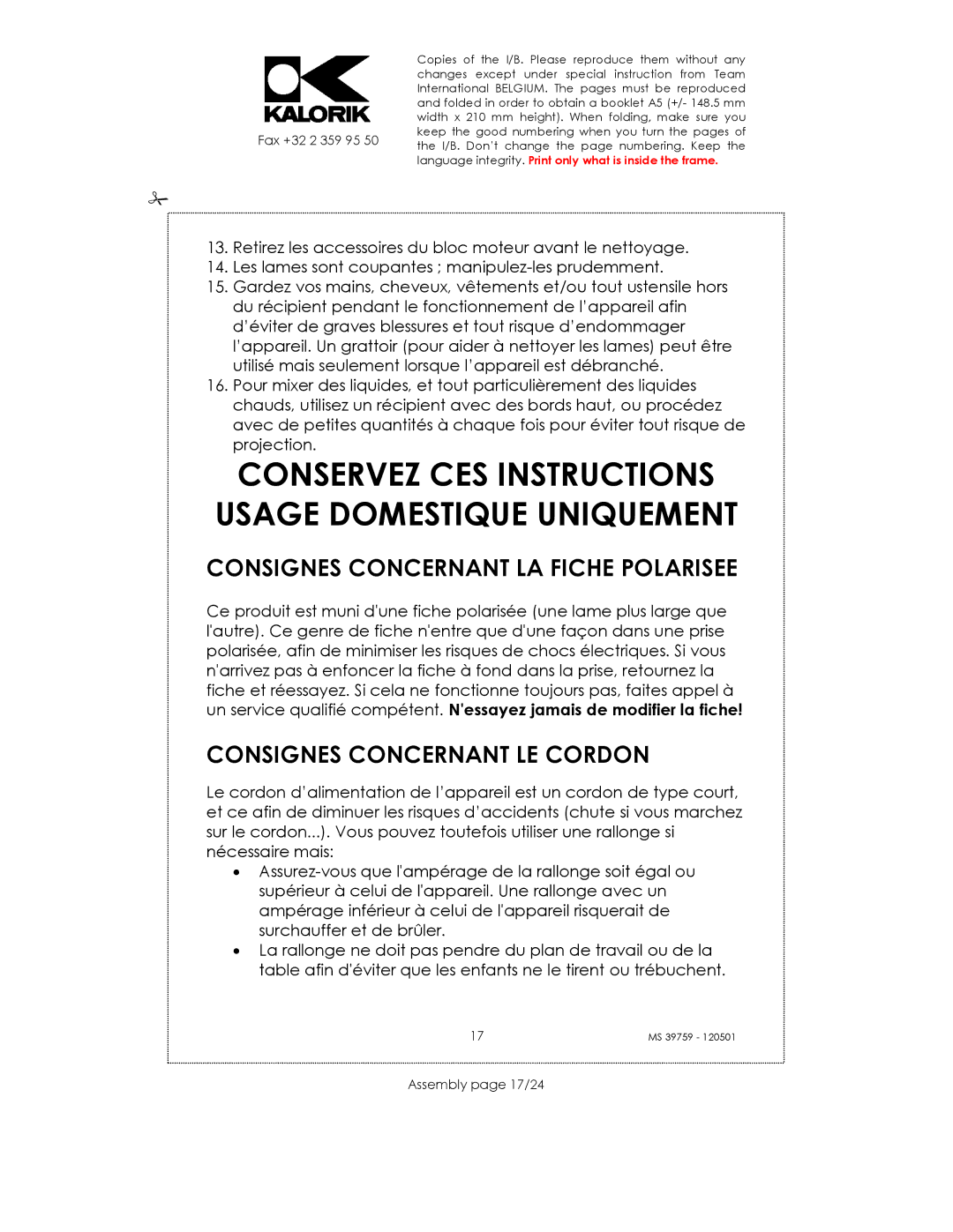 Kalorik uskms39759 manual Consignes Concernant LA Fiche Polarisee, Consignes Concernant LE Cordon, Assembly page 17/24 