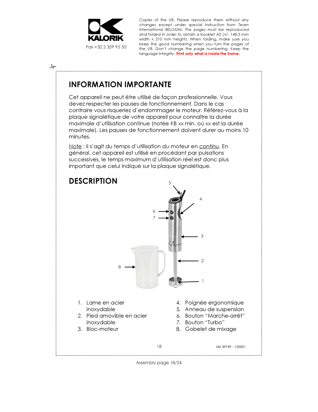 Kalorik uskms39759 manual Information Importante, Description, Assembly page 18/24 