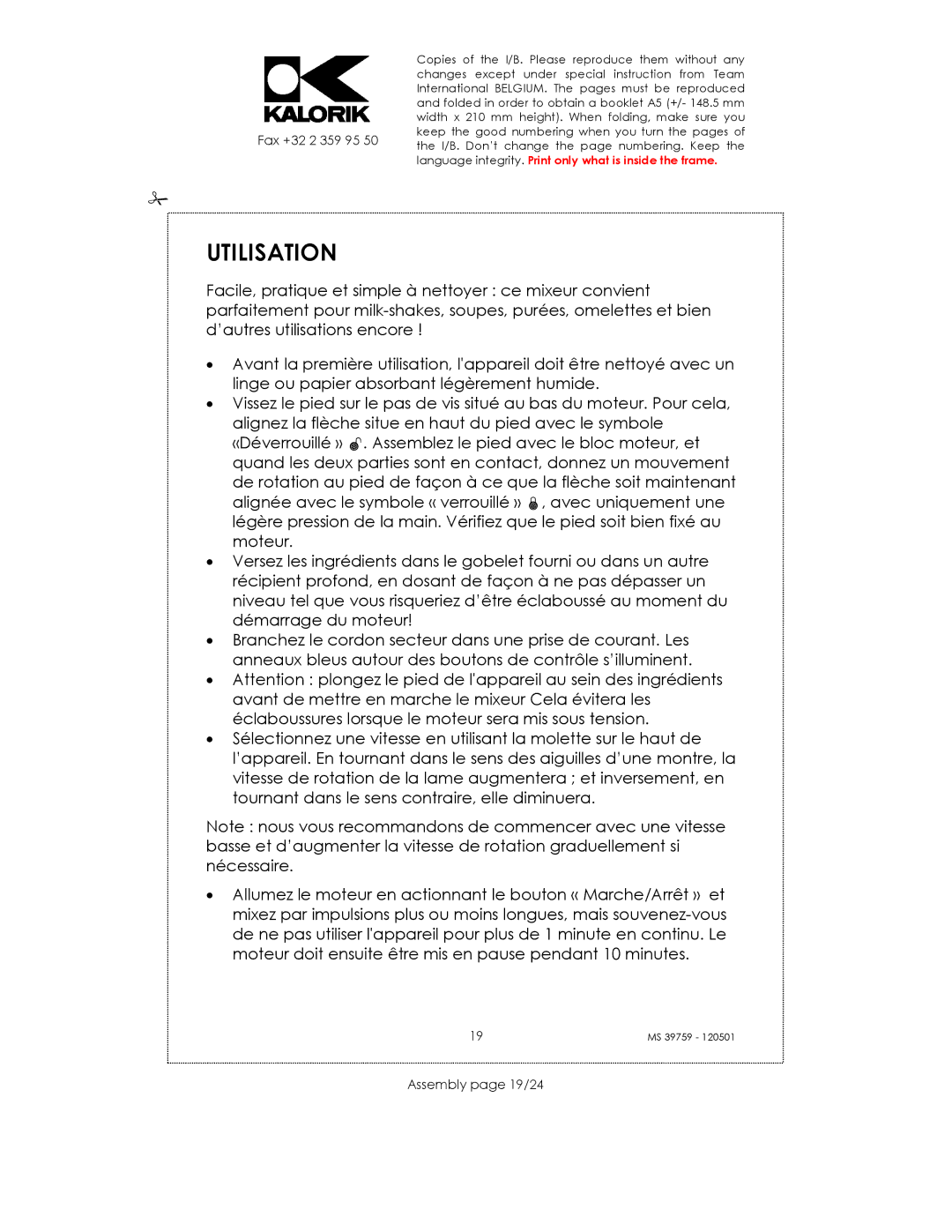 Kalorik uskms39759 manual Utilisation, Assembly page 19/24 