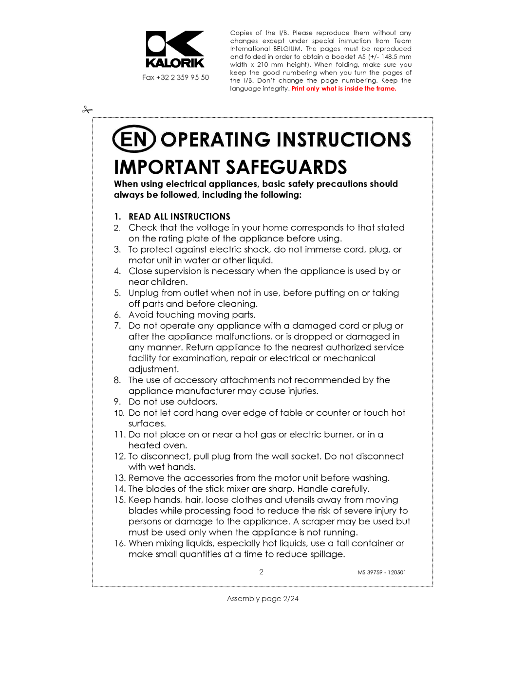 Kalorik uskms39759 manual Important Safeguards, Assembly page 2/24 