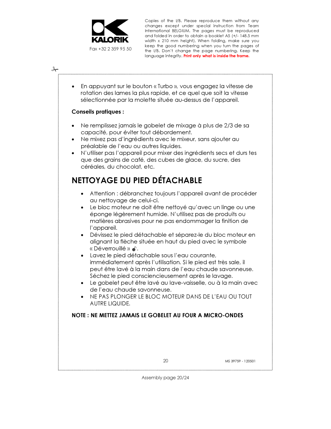 Kalorik uskms39759 manual Nettoyage DU Pied Détachable, Conseils pratiques, Assembly page 20/24 