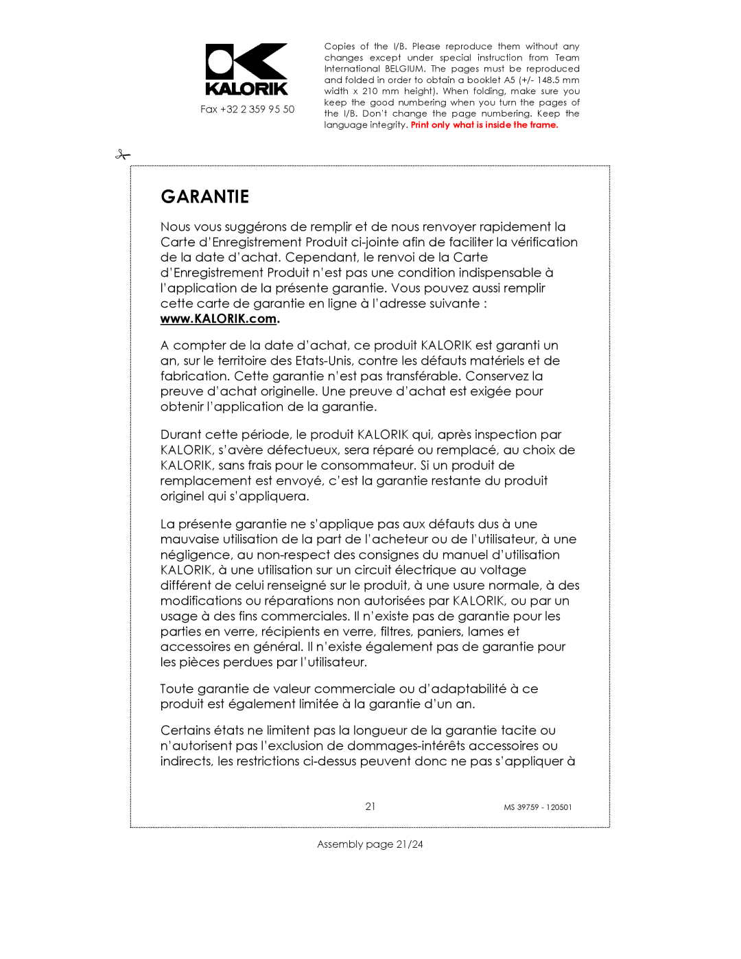 Kalorik uskms39759 manual Garantie, Assembly page 21/24 