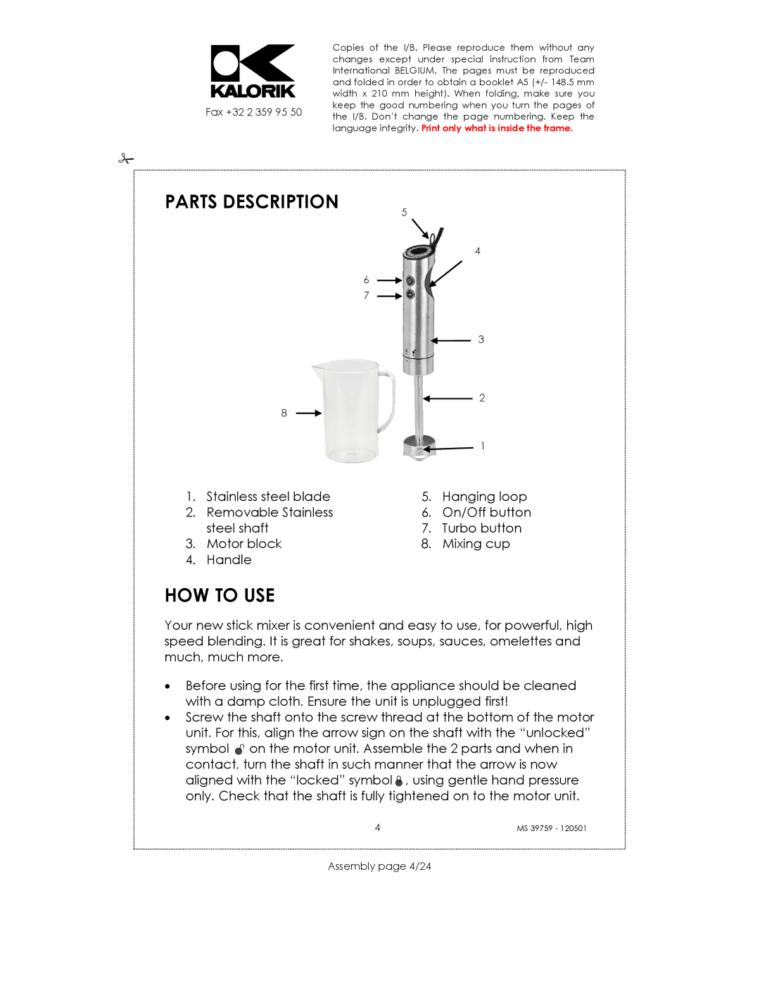 Kalorik uskms39759 manual Parts Description, HOW to USE, Assembly page 4/24 