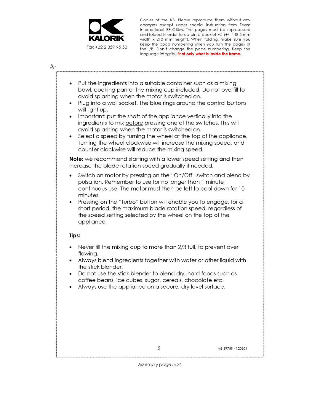 Kalorik uskms39759 manual Tips, Assembly page 5/24 