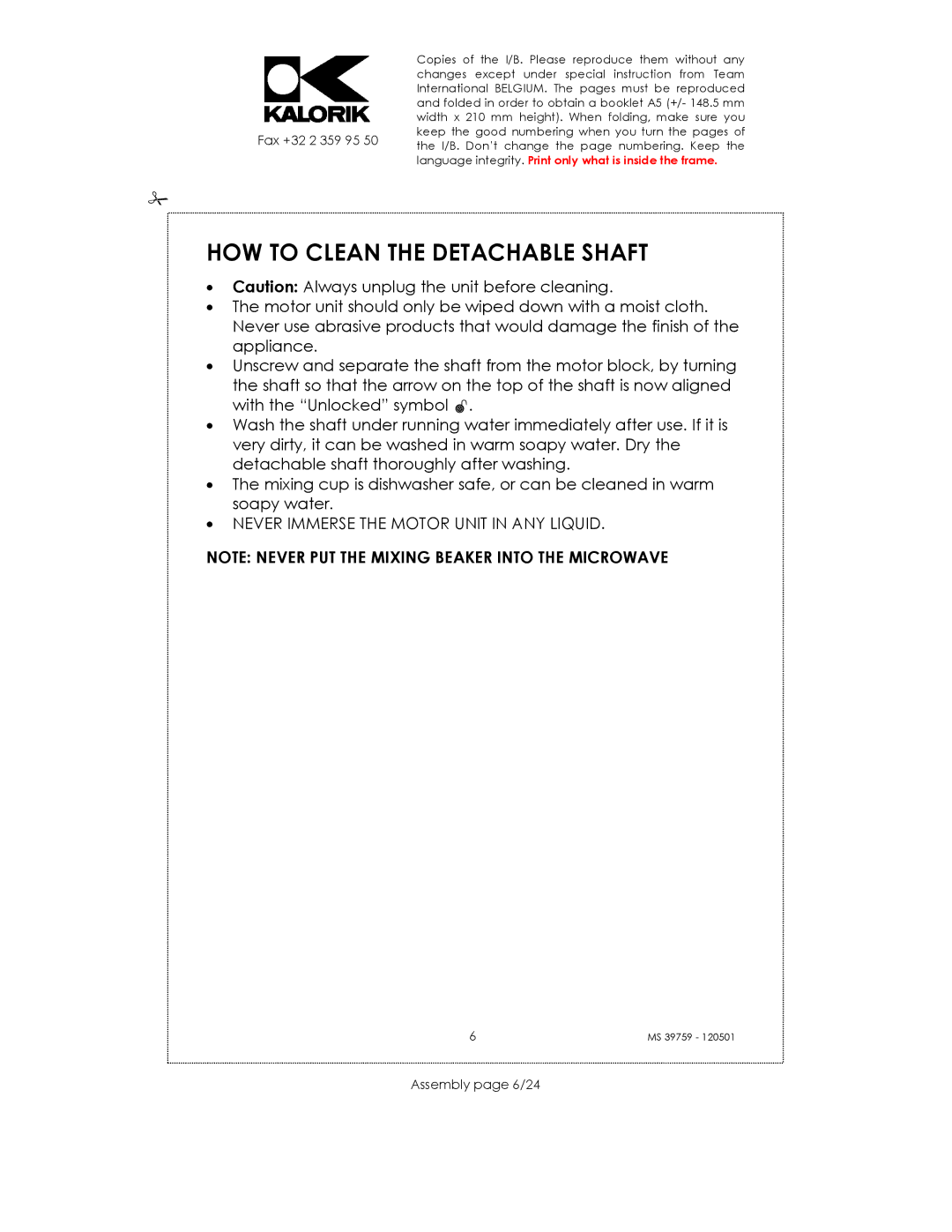 Kalorik uskms39759 manual HOW to Clean the Detachable Shaft, Assembly page 6/24 