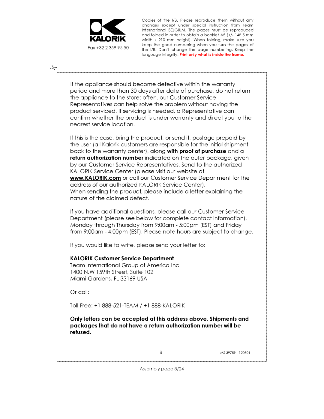 Kalorik uskms39759 manual Kalorik Customer Service Department, Assembly page 8/24 