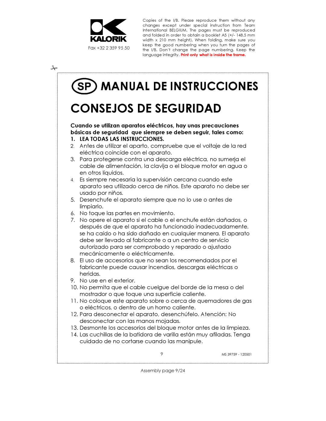 Kalorik uskms39759 manual Consejos DE Seguridad, Assembly page 9/24 