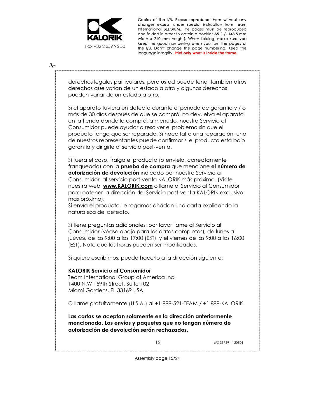 Kalorik uskms39759 manual KALORIK Servicio al Consumidor, Assembly page 15/24 