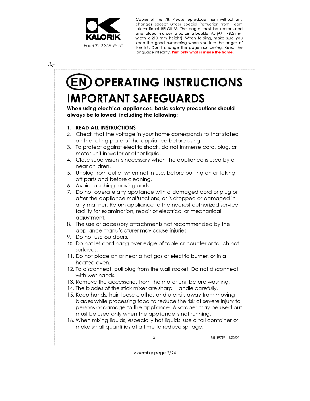 Kalorik uskms39759 manual Important Safeguards, Read All Instructions 
