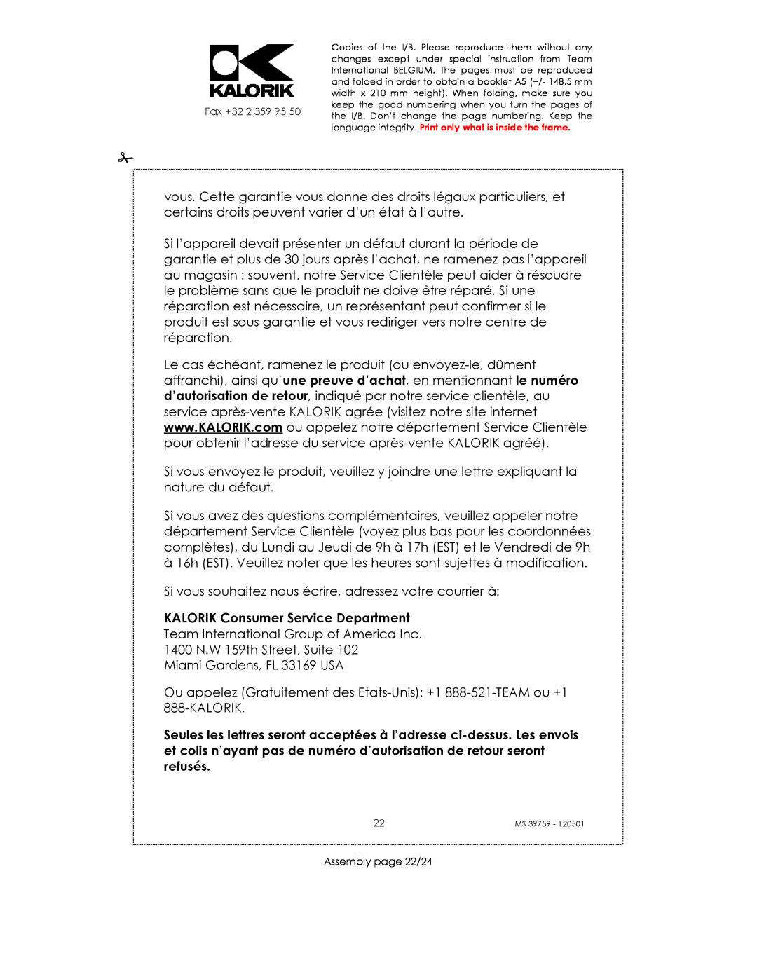 Kalorik uskms39759 manual KALORIK Consumer Service Department, Assembly page 22/24 