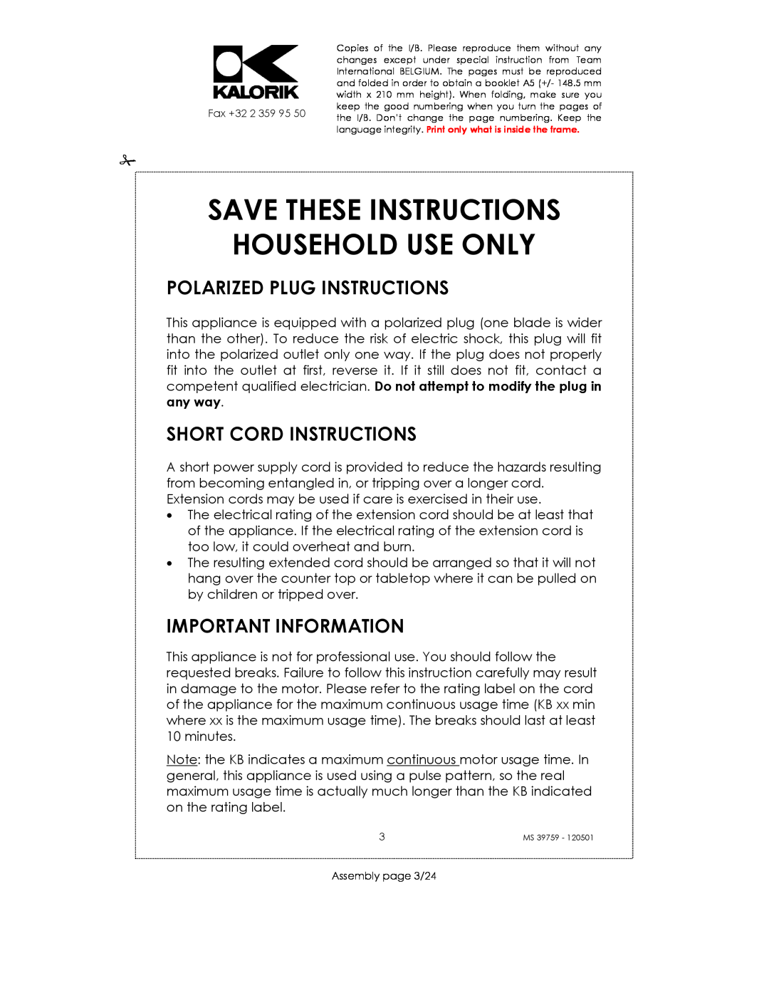Kalorik uskms39759 manual Save These Instructions Household Use Only, Polarized Plug Instructions, Short Cord Instructions 