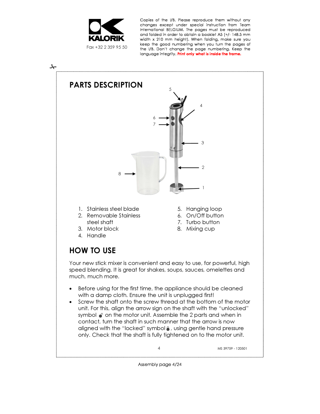 Kalorik uskms39759 manual How To Use, Parts Description 