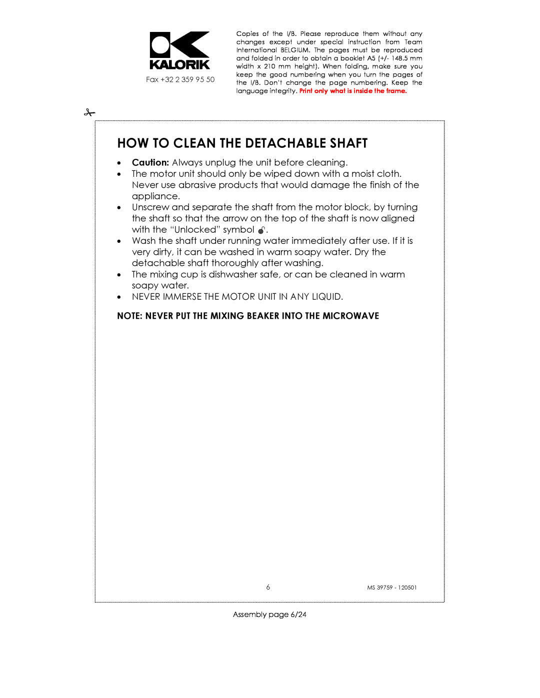 Kalorik uskms39759 manual How To Clean The Detachable Shaft, Note Never Put The Mixing Beaker Into The Microwave 