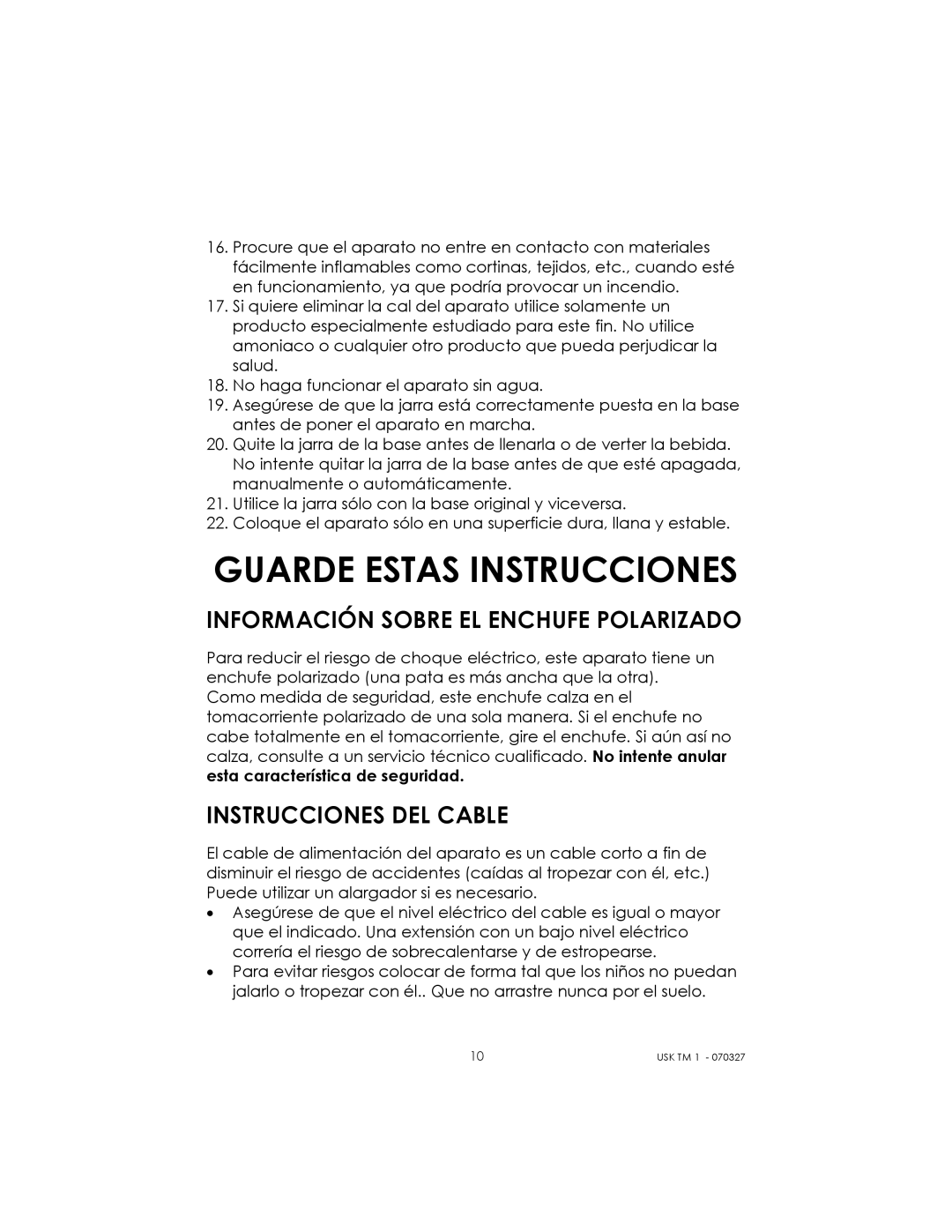 Kalorik usktm1 manual Información Sobre EL Enchufe Polarizado, Instrucciones DEL Cable 