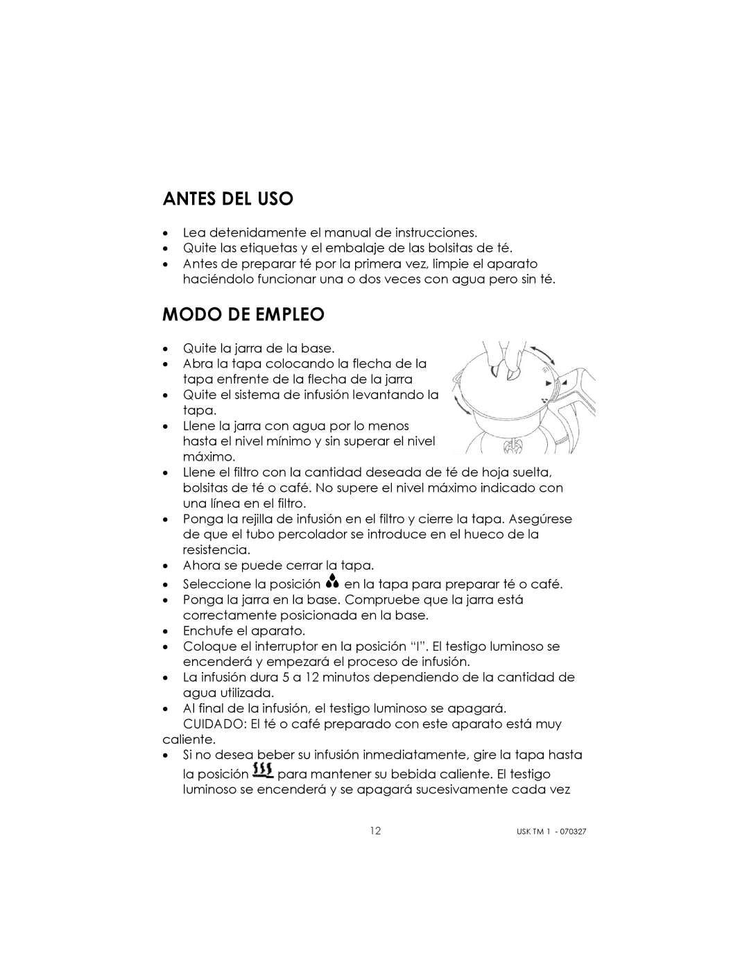 Kalorik usktm1 manual Antes DEL USO, Modo DE Empleo 