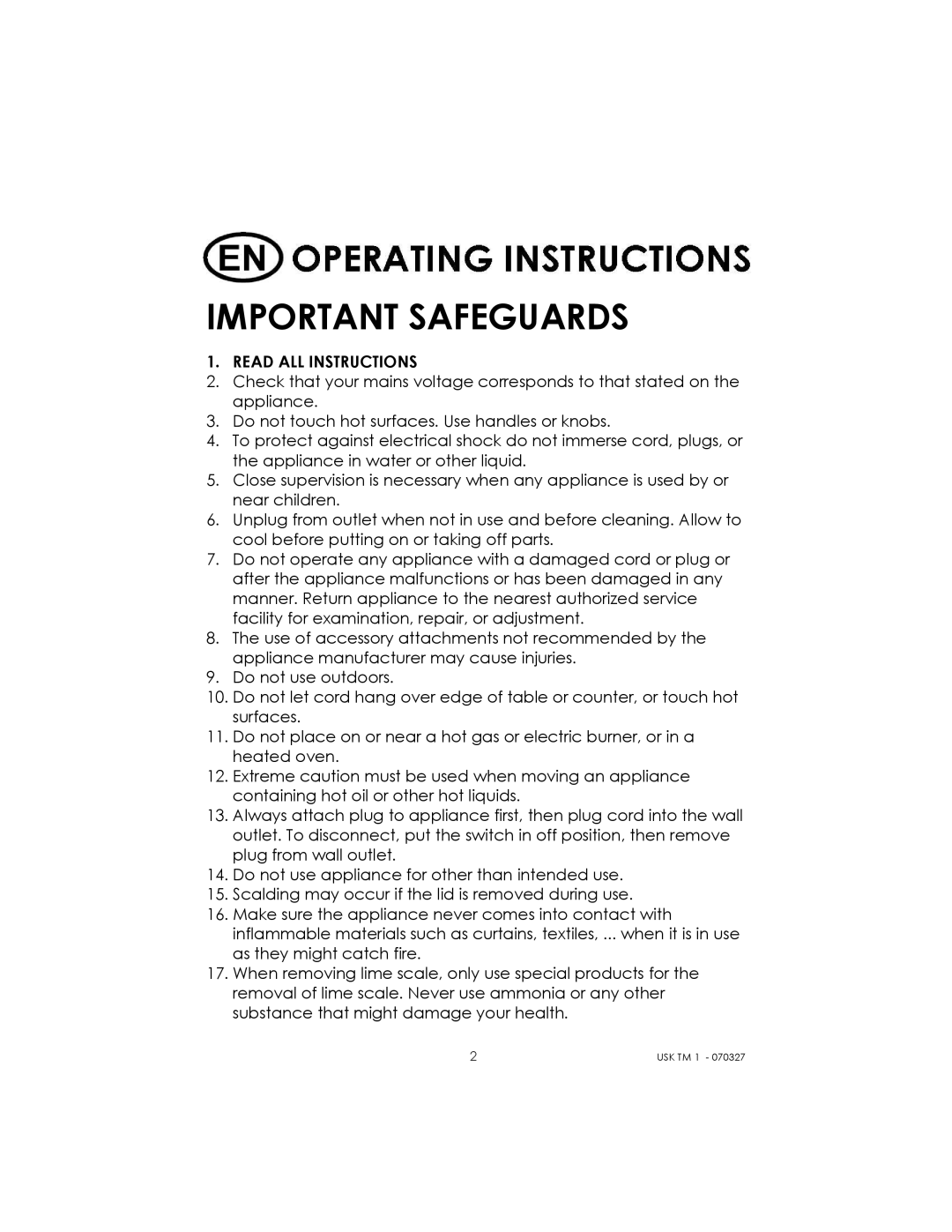 Kalorik usktm1 manual Important Safeguards 