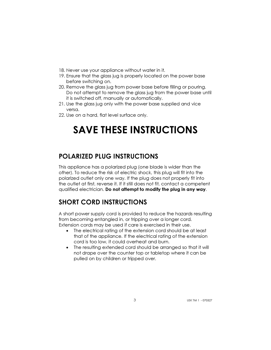 Kalorik usktm1 manual Polarized Plug Instructions, Short Cord Instructions 