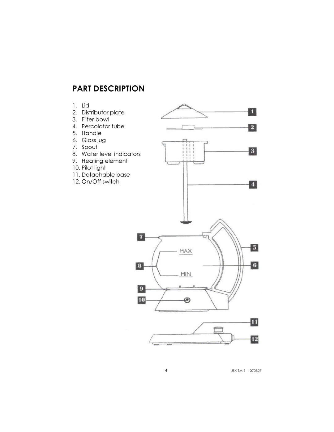 Kalorik usktm1 manual Part Description 