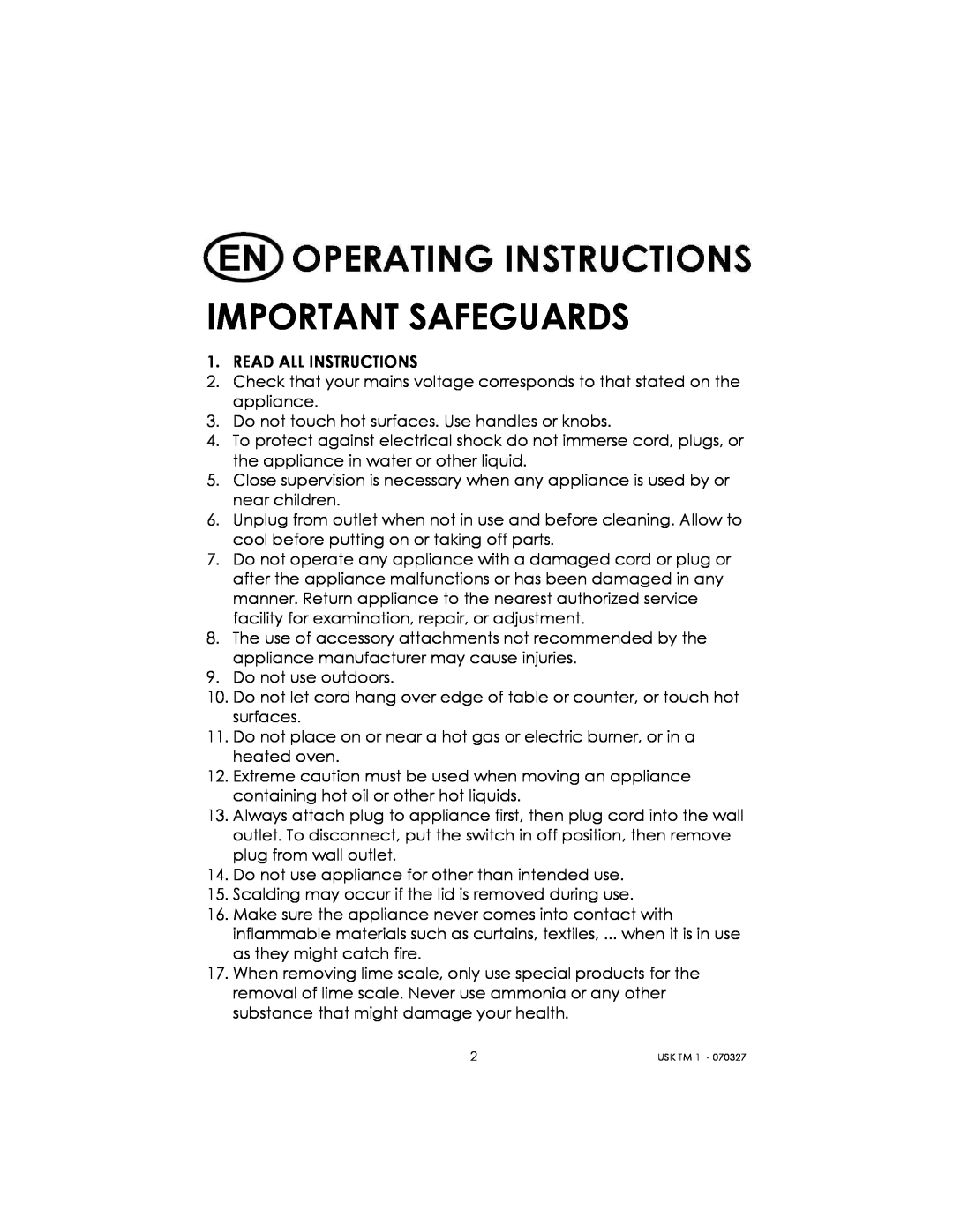 Kalorik usktm1 manual Important Safeguards 