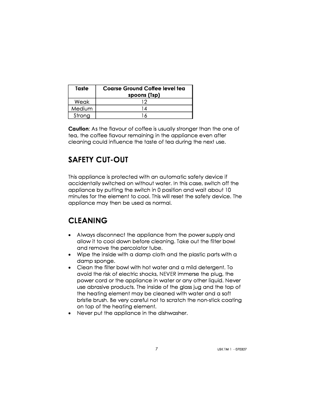 Kalorik usktm1 manual Safety Cut-Out, Cleaning 