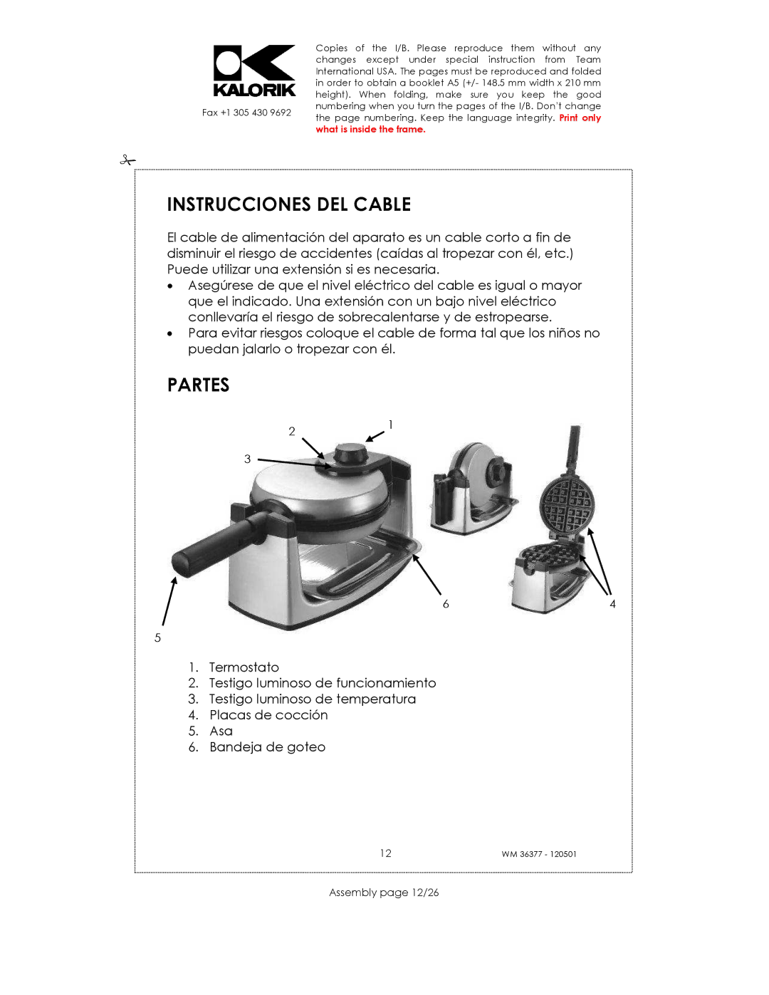 Kalorik WM 36377 manual Instrucciones DEL Cable, Partes, Assembly page 12/26 