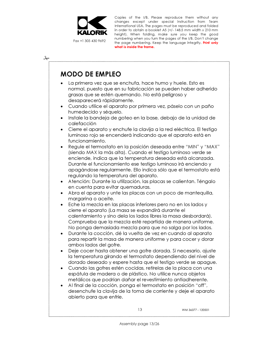 Kalorik WM 36377 manual Modo DE Empleo, Assembly page 13/26 