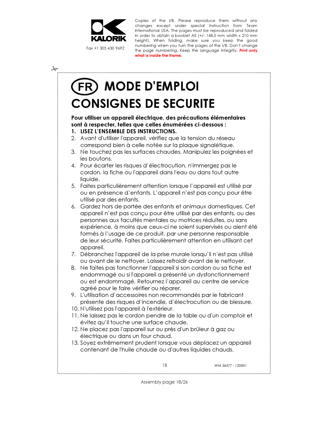 Kalorik WM 36377 manual Consignes DE Securite, Lisez L’ENSEMBLE DES Instructions, Assembly page 18/26 