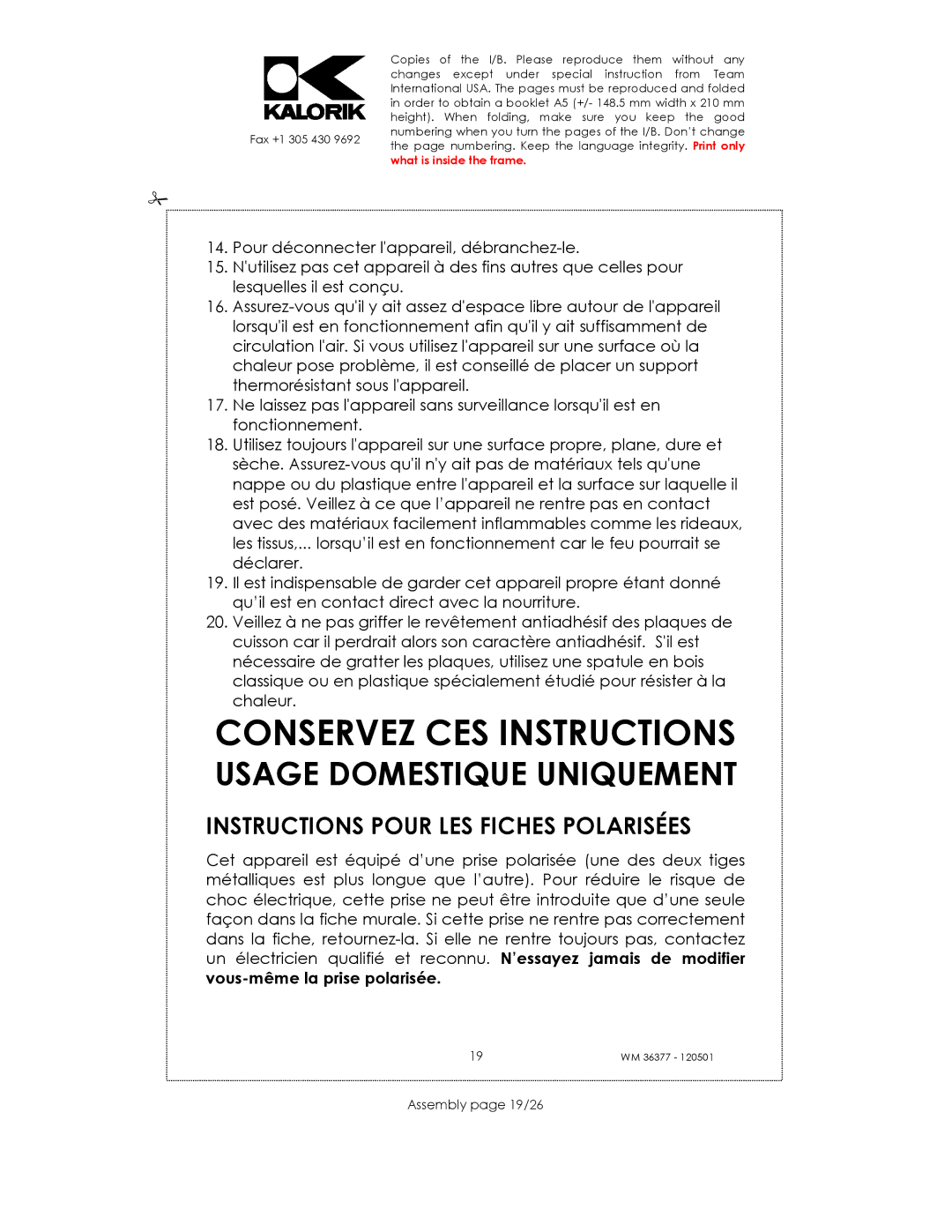 Kalorik WM 36377 manual Conservez CES Instructions, Instructions Pour LES Fiches Polarisées, Assembly page 19/26 