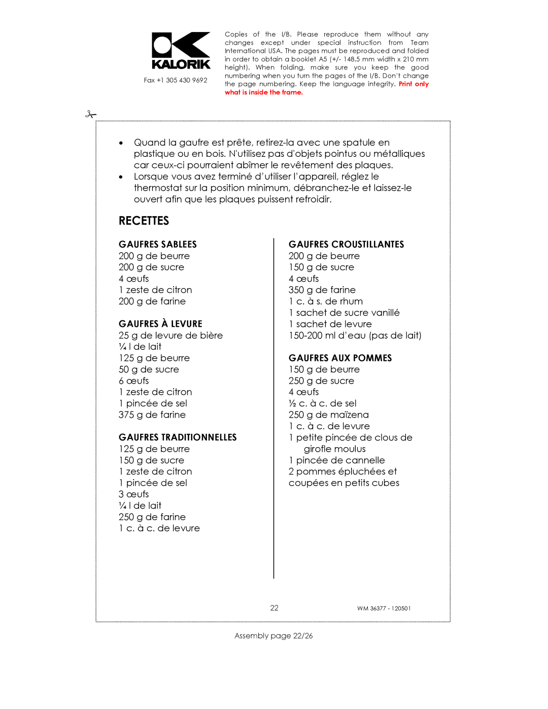 Kalorik WM 36377 manual Gaufres À Levure, Gaufres Traditionnelles, Assembly page 22/26 