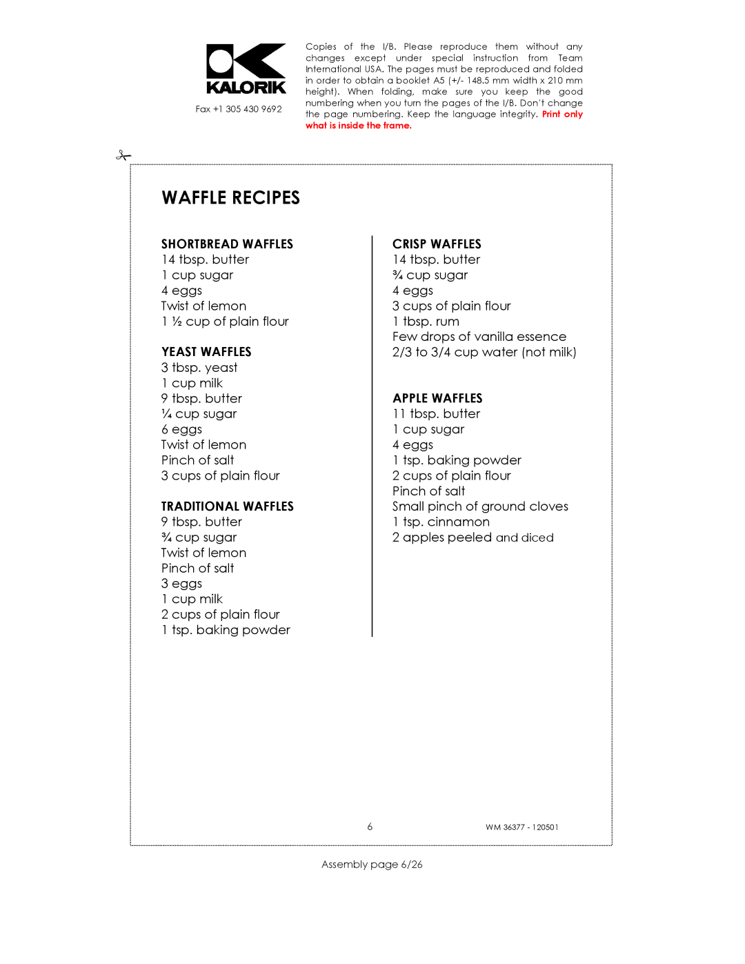 Kalorik WM 36377 manual Waffle Recipes, Yeast Waffles, Assembly page 6/26 