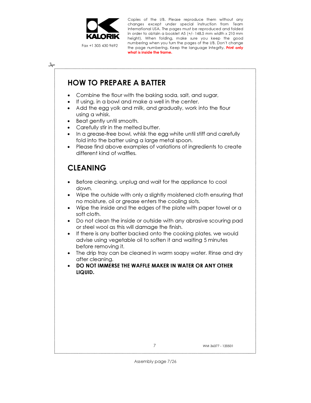 Kalorik WM 36377 manual HOW to Prepare a Batter, Cleaning, Assembly page 7/26 