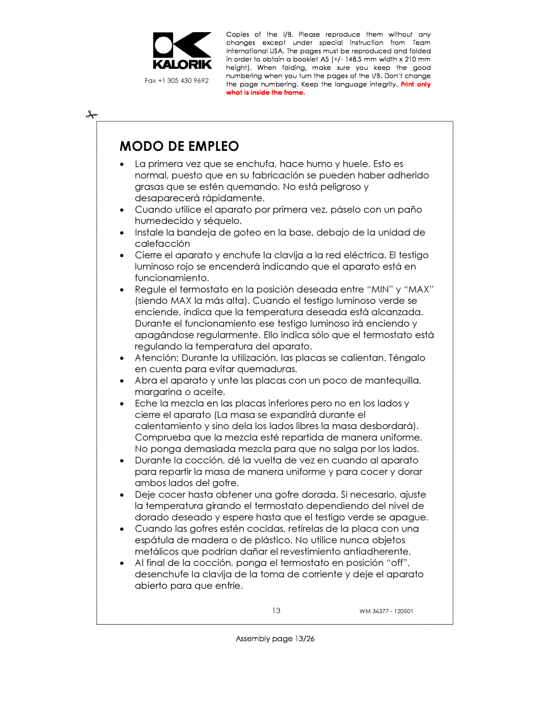 Kalorik WM 36377 manual Modo De Empleo, Assembly page 13/26 