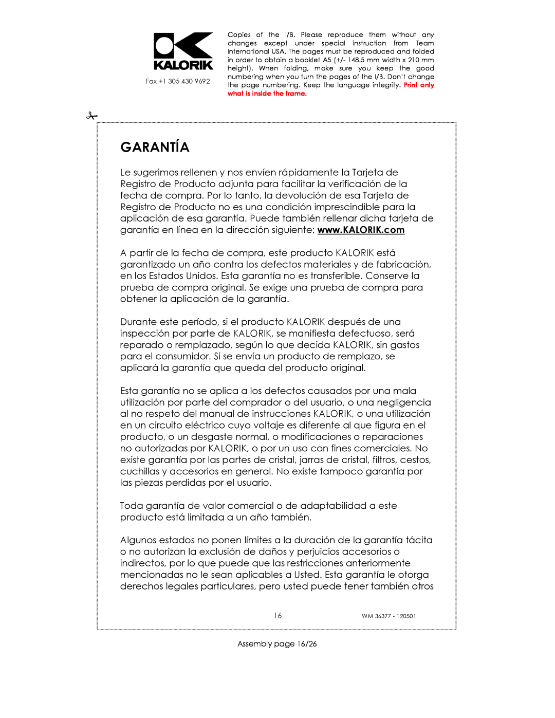 Kalorik WM 36377 manual Garantía, Assembly page 16/26 