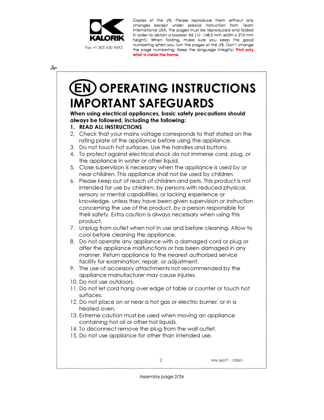 Kalorik WM 36377 manual Important Safeguards, Read All Instructions 