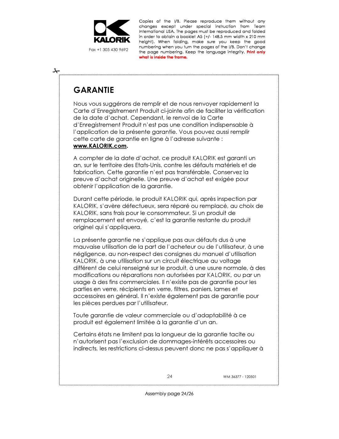 Kalorik WM 36377 manual Garantie, Assembly page 24/26 