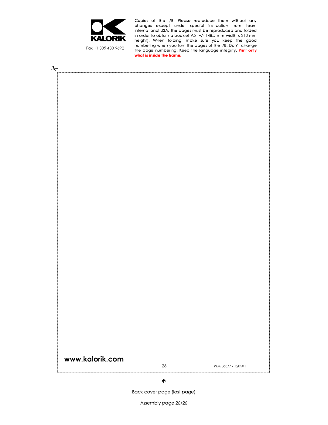 Kalorik WM 36377 manual Back cover page last page Assembly page 26/26 