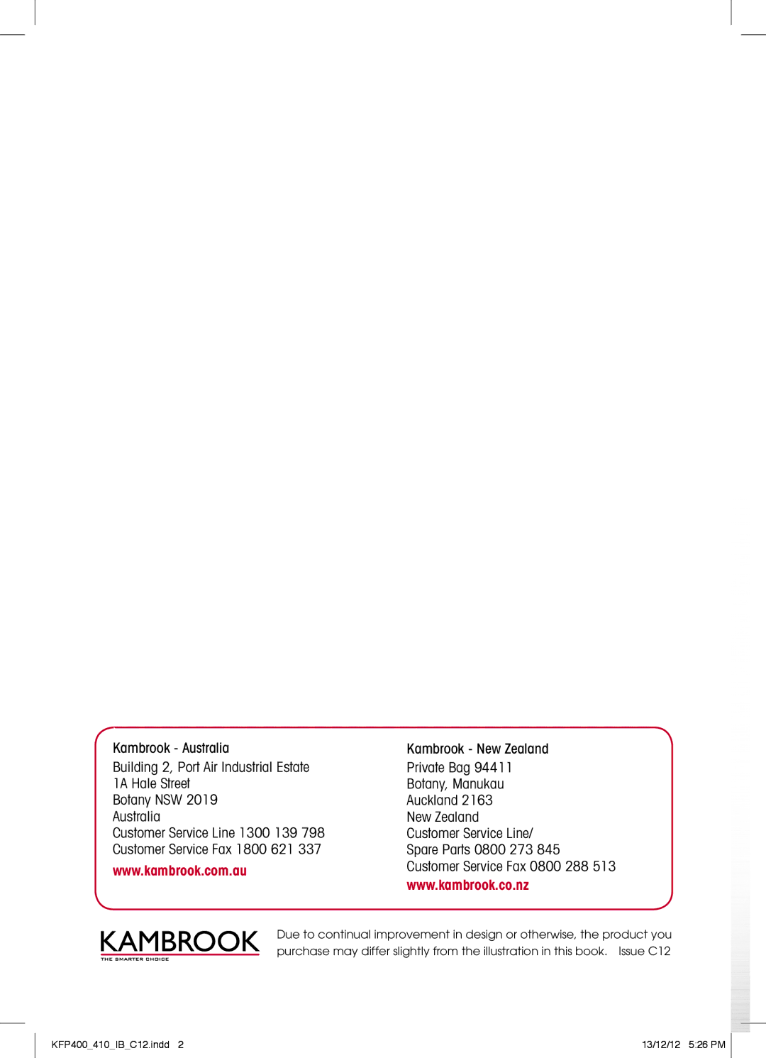 Kambrook 550W manual Customer Service Fax 0800 288 