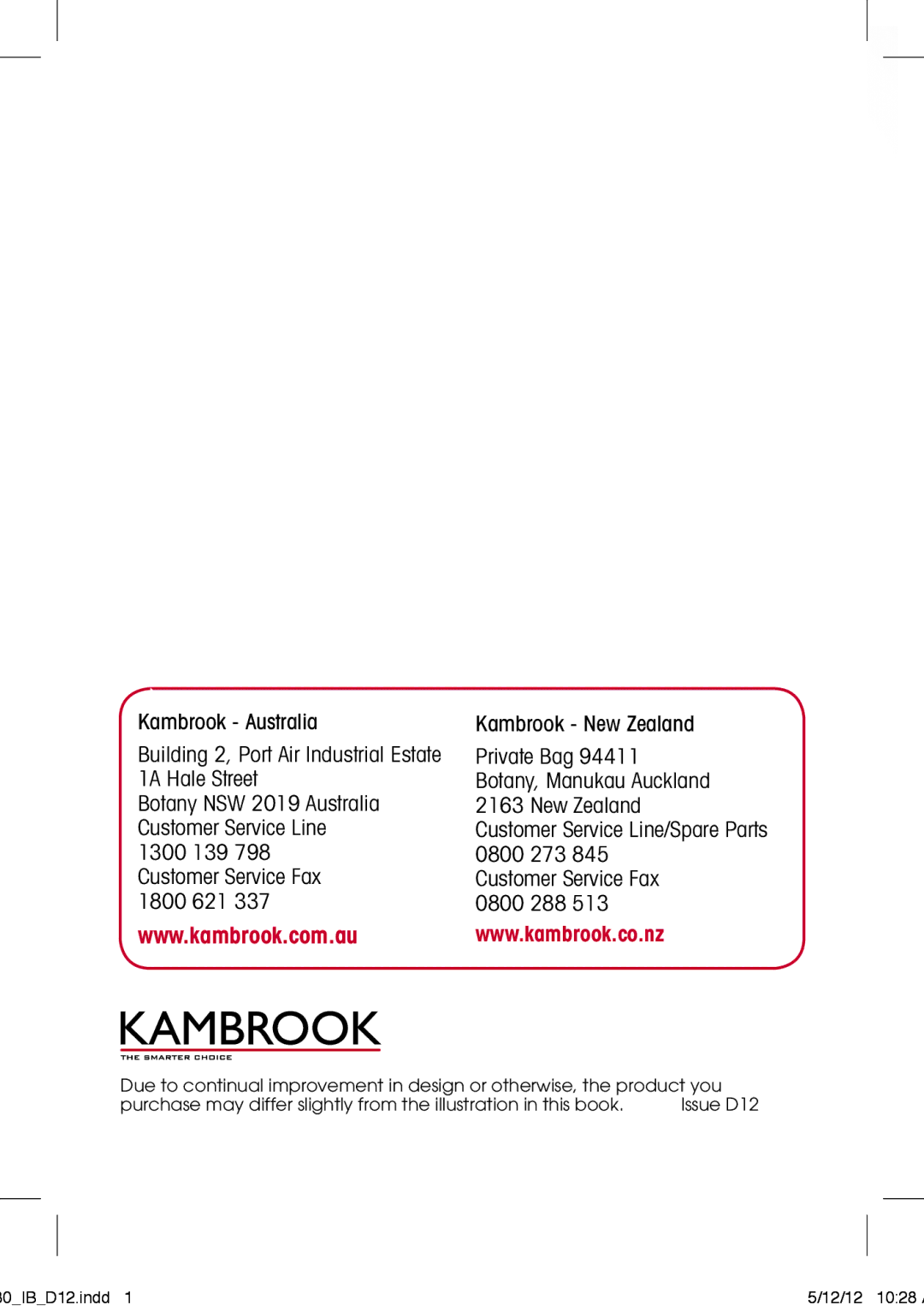 Kambrook K1450, SpeedSteam Iron KI450/KI480 manual Private Bag 94411 Botany, Manukau Auckland 2163 New Zealand 